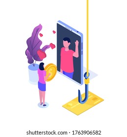 Dating Scam, Online Dating Fraud Concept.  Isometric Illustration.