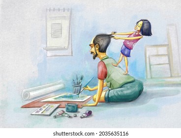 daughter and father. The girl is pulling her father's hair while standing on his father's back. Dad is doing drawing and watercolor. painting studio. - Powered by Shutterstock