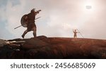 David and Goliath of the biblical story of the confrontation between the giant and the shepherd David 3d render  illustration