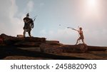 David and Goliath of the biblical story of the confrontation between the giant and the shepherd David 3d render  illustration