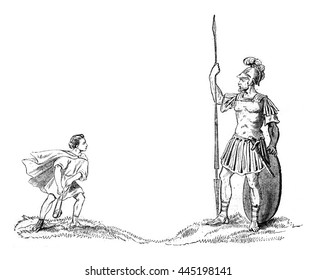 David and Goliath, vintage engraved illustration. Magasin Pittoresque 1852.