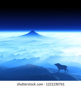 Dawn Of Mt. Fuji And Silhouette Of A Boar