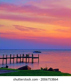 Dawn Sky, Chesapeake Bay, Boat And Pier, Illustration 