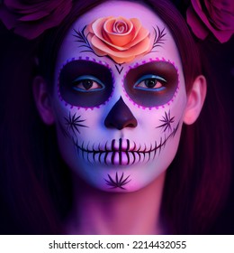 Day of the dead, 3d render of artificial model painted as skeleton