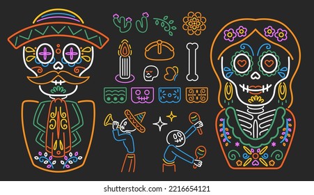 Day Of The Dead Colorful Line Style Element Set Isolated On Black Background. Including Male And Female Skeleton In Traditional Costumes, Little Mariachi Band, And Dia De Los Muertos Decorations.