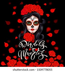 Day of the dead, Dia de los muertos. Girl with makeup - sugar skull with rose flowers. Lettering Dia de los muertos. Banner or poster for mexican celebration.