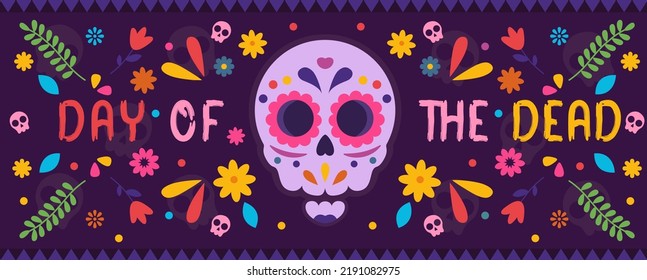 Day of the dead illustration with purple background and skull, flowers and leafs decorations, web banner, 2 november mexican celebration - Powered by Shutterstock