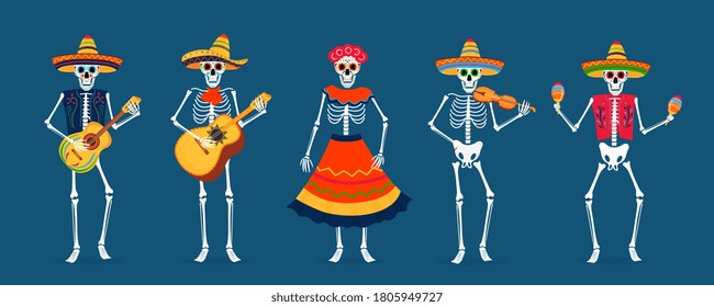 Day the dead party  Dia de los muertos card  Painted skeletons play musical instruments   dance 