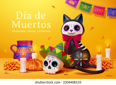 Day of the dead poster. 3d illustrated sugar skull in sombrero hat and a black cat in mask on yellow background with Dia de los muertos element decoration. - Powered by Shutterstock