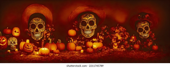 Day Of The Dead Skulls. Dia De Los Muertos. Day Of The Dead And Mexican Halloween Background. Mexican Tradition Festival. Day Of The Dead Sugar Skull. Dia De Los Muertos. High Quality 3d Illustration