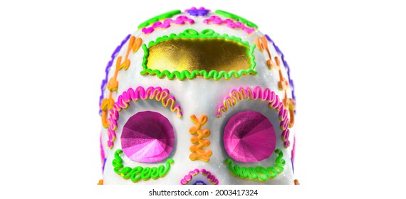 Day Of The Dead Sugar Skull Close Up Isolated On White. 3D Rendering, Illustration