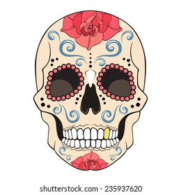 Day Of The Dead Sugar Skull With Red Roses, Isolated On White Background 