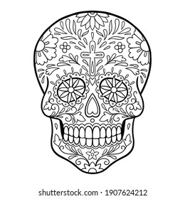 Day Of The Dead Sugar Skull Tattoo. Coloring Page