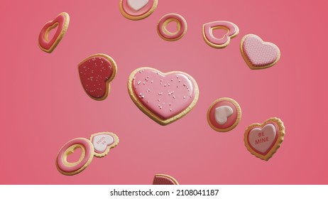 Valentine’s Day festive heart shaped pink sugar cookies abstract explosion. Bright pink colored background. Realistic sweet candies. Handmade valentines Celebrative greetings. 3D Render illustration - Powered by Shutterstock