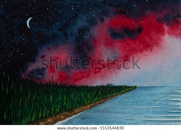 day to night watercolor illustration, moon and\
stars, pink clouds, dark grass, light water in the sea, foam and\
waves, place for\
text
