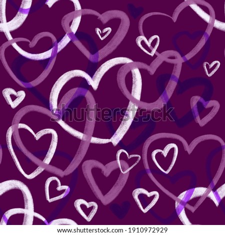 Valentine’s Day seamless pattern with different hearts drawn by hand on purple background for wallpaper, postcard,pattern fills, web page, textile, wrapping paper
