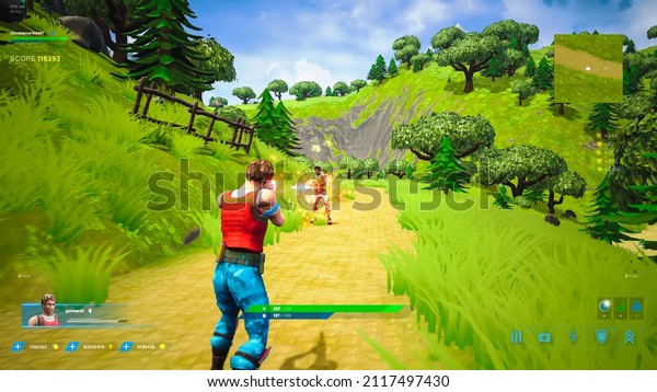 Day\
Video Game Mock-up: Gameplay of 3D FPS Shooter Online Multiplayer\
Battle Royale. Fun Tactical Arcade with Hero Characters Fighting in\
Open World, Shooting Guns. Colorful, Cartoon\
Style