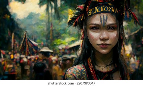 Dayak Tribe In Borneo Indonesia