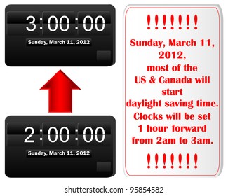 Daylight Saving Time Begins. Icon Of An Electronic Clock And Placard. Raster Version.