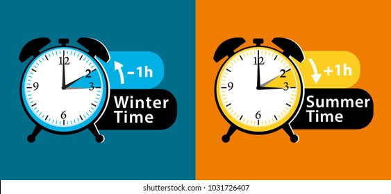 Daylight Saving Time. Summer Fall Back And Spring Forward Alarm Clocks Set. Colorful Illustration.