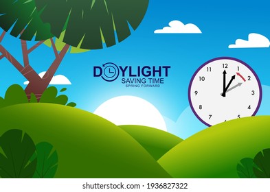 Daylight Savings Time Clock On A Sunny Green Hill