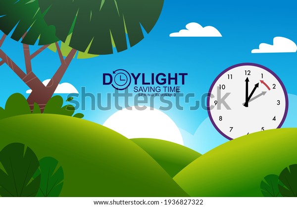 Daylight Savings\
Time Clock on a sunny green\
hill