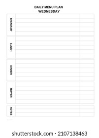 Dayly Menu Plan For Every Day. Family Menu For Today. Minimalist List. Homemaker Help. Dining Room Menu. Comfortable Empty Blank For Kitchen. List To Fill In. Wednesday Meal. Meal Planner