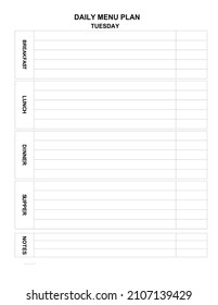 Dayly Menu Plan For Every Day. Family Menu For Today. Minimalist List. Homemaker Help. Dining Room Menu. Comfortable Blank For Kitchen. List To Fill In. Tuesday Meal. Blank For Printing. Meal Planner