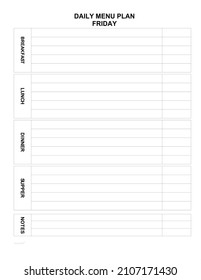 Dayly Menu Plan For Every Day. Family Menu For Today. Minimalist List. Friday Meal. Blank For Printing. Meal Plannerhomemaker Help. Dining Room Menu. Comfortable Empty Blank For Kitchen