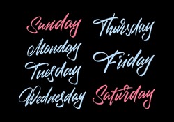 Days Of The Week In English Lettering Style On A Black Background For Printing And Design. Clipart.