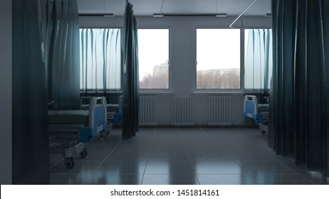 Daytime Inside A Hospital Room With Beds And Curtains 3D Rendering