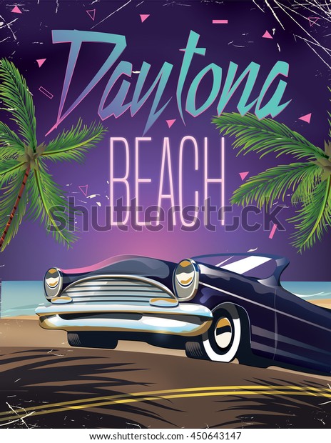 Daytona Beach retro style travel poster featuring a
classic blue
car.