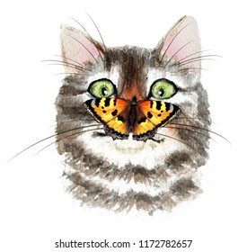 Dazed cat   butterfly  Hand drawn watercolor