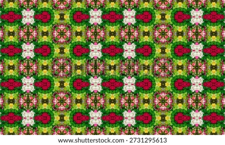 A dazzling, repeating floral pattern resembling a kaleidoscope in rich reds, whites, and greens.