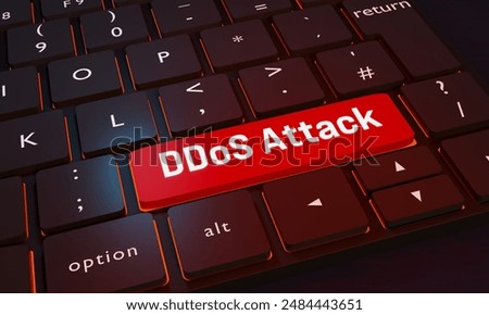 DDoS attack key, Distributed Denial-of-Service. Close-up computer keyboard. One key is red with the word DDoS attack. Cyber crime, computer, network security, IT security. 3D illustration