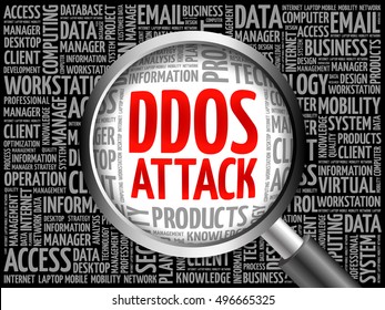 DDOS Attack Word Cloud With Magnifying Glass, Business Concept 3D Illustration