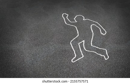 Dead Body Outline As A Crime Scene Concept Or Murder Mystery Symbol And Work Accident As A Chalk Drawing On Pavement Of A Deceased Person In As 3D Illustration Style.