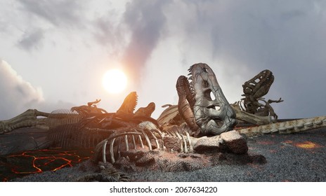 dead dinosaur bodies, dinosaur skeletons after extinction .3d render illustration