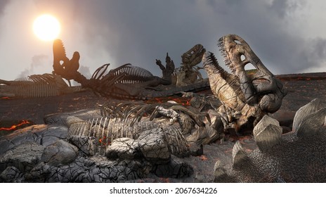 Dead Dinosaur Bodies, Dinosaur Skeletons After Extinction .3d Render Illustration