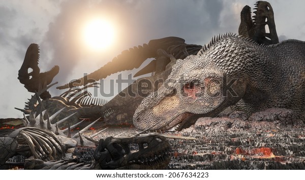 dead dinosaur bodies, dinosaur skeletons\
after extinction .3d render\
illustration