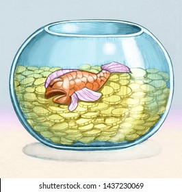 Dead Fish In A Bowl Of Water Filled Only With Pennies Allegory Of The Pollution Of The Seas Humorous Pencil Draw