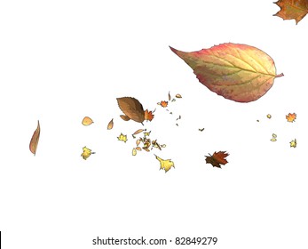 Dead leaves flying in the wind on a white background, referring to concepts such as nature, seasons, wind, liberty, as well as change