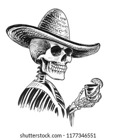 Dead Mexican With A Tequila Shot. Ink Black And White Illustration