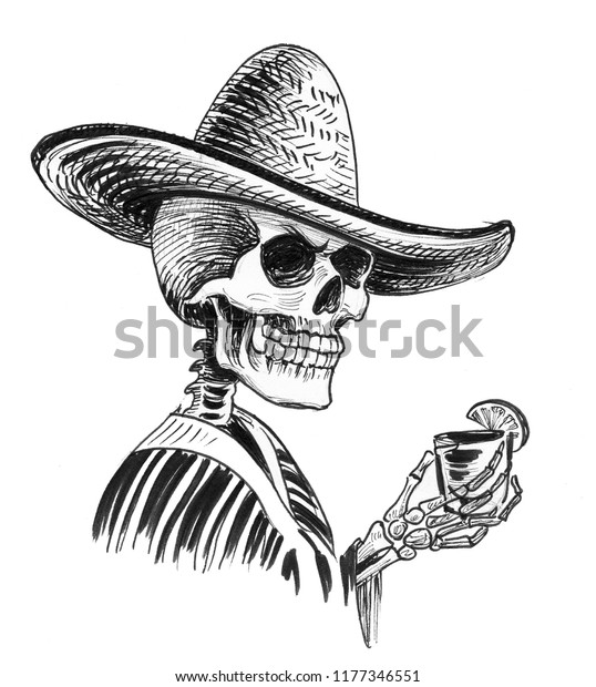 Toter Mexikaner Mit Einem Tequila Schuss Schwarz Weiss Ink Stockillustration