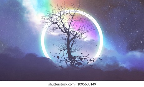 dead tree without leaves floating in front of light ring, digital art style, illustration painting