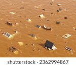 Deadly floods in Libya. Drone view of a small village submerged in floodwaters. Heavy rains from the Mediterranean storm Daniel have led to flooding throughout eastern Libya. A climate catastrophe, 3D