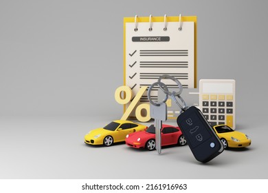 Dealer giving keys chain to a buyer. car rental or sale and car insurance or savings to buy a car concept with money cash and calculator and money coins on pastel background 3d rendering