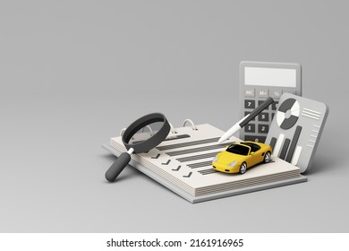 Dealer giving keys chain to buyer  car rental sale   car insurance savings to buy car concept and money cash   calculator   money coins pastel background 3d rendering
