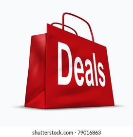 Deals And Bargains Shopping Symbol Represented By A Red Bag Showing The Concept Of Special Prices For Goods And Services That Are On Sale Or Discounted At Stores And Malls.