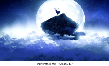 Dear On The Mountain At Moon Background Scene Up To The Sky  Cloud Digital Art ,type Painting ,3d Illustration , High Definition ,  Wallpaper Fantasy